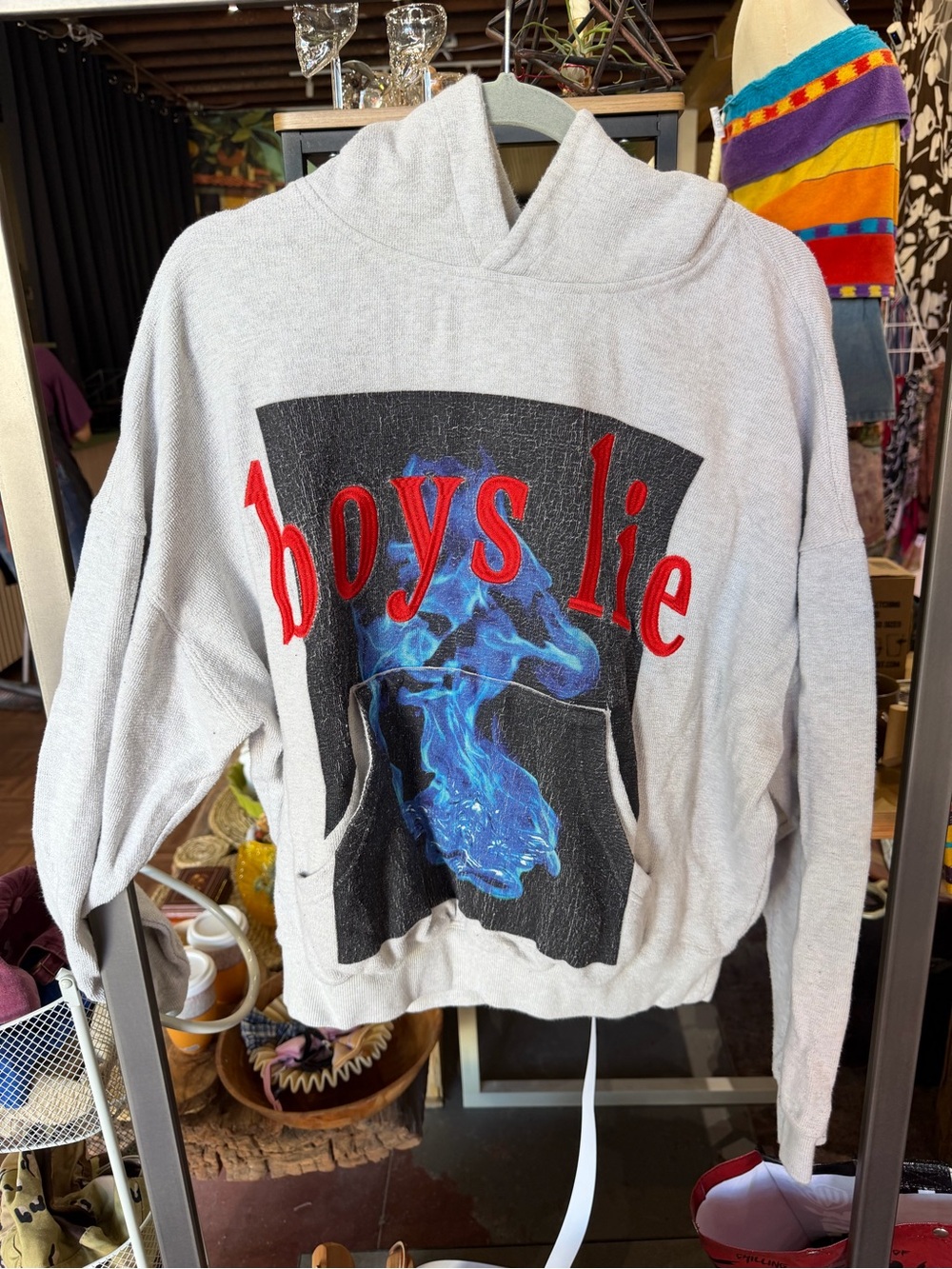 Boys Lie Light Gray Hoodie with Red Logo and Blue Flame Graphic